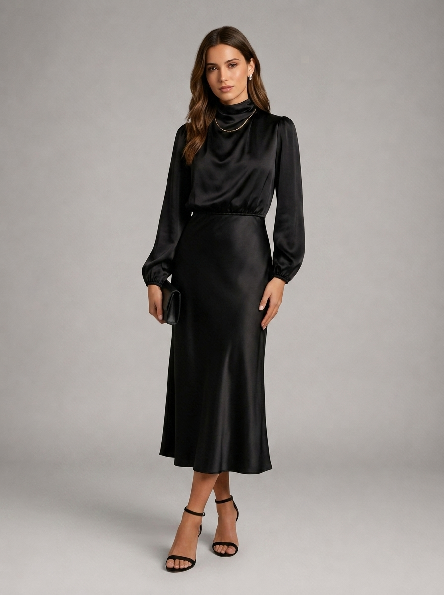 High Neck Satin Feel Midi Dress Wedding Guest