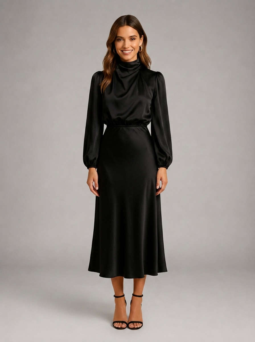 High Neck Satin Feel Midi Dress Wedding Guest