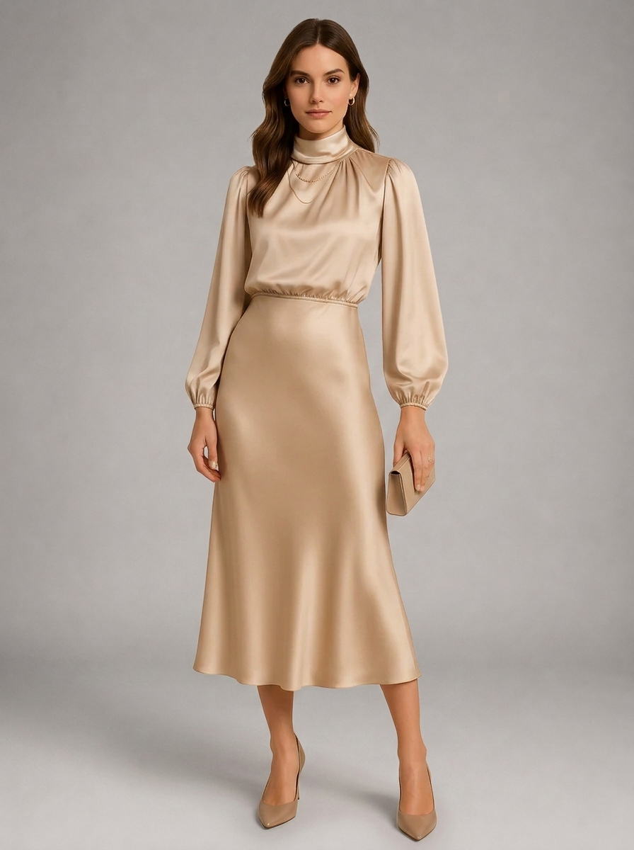 High Neck Satin Feel Midi Dress Wedding Guest