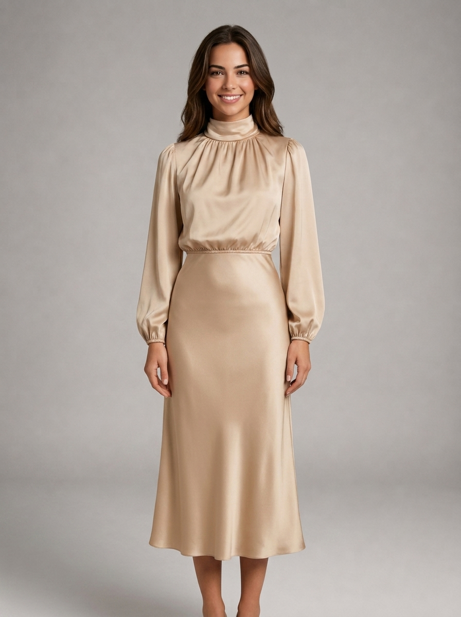 High Neck Satin Feel Midi Dress Wedding Guest