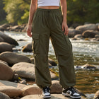 Women's Cotton Cargo Pants Wide-Leg Drawstring Waist