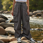 Women's Cotton Cargo Pants Wide-Leg Drawstring Waist