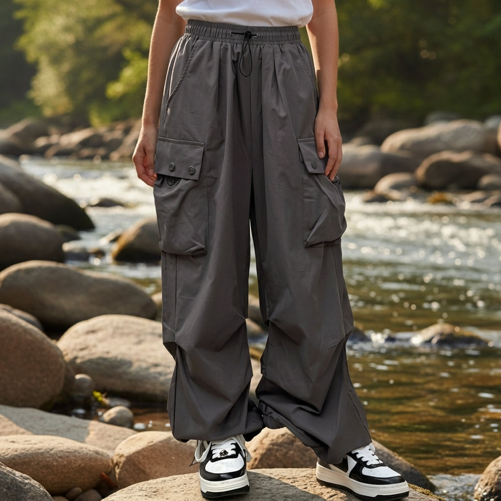 Women's Cotton Cargo Pants Wide-Leg Drawstring Waist