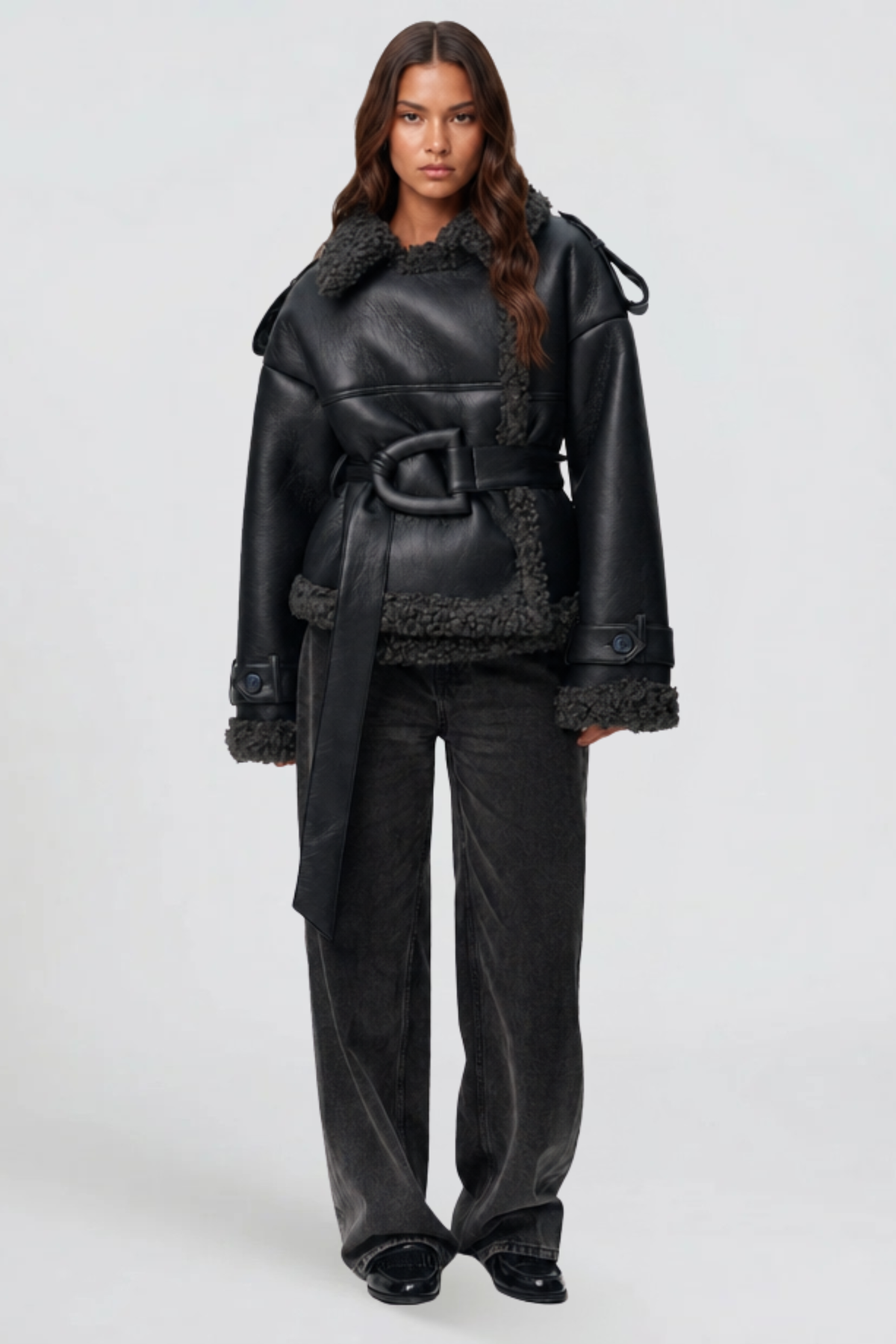 Sylvie | Cropped Leather Shearling Trench Coat