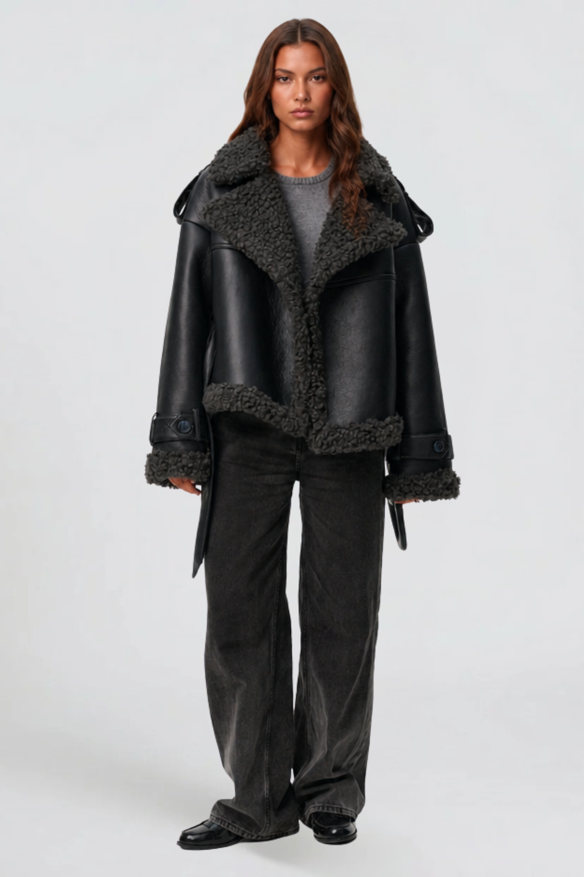 Sylvie | Cropped Leather Shearling Trench Coat