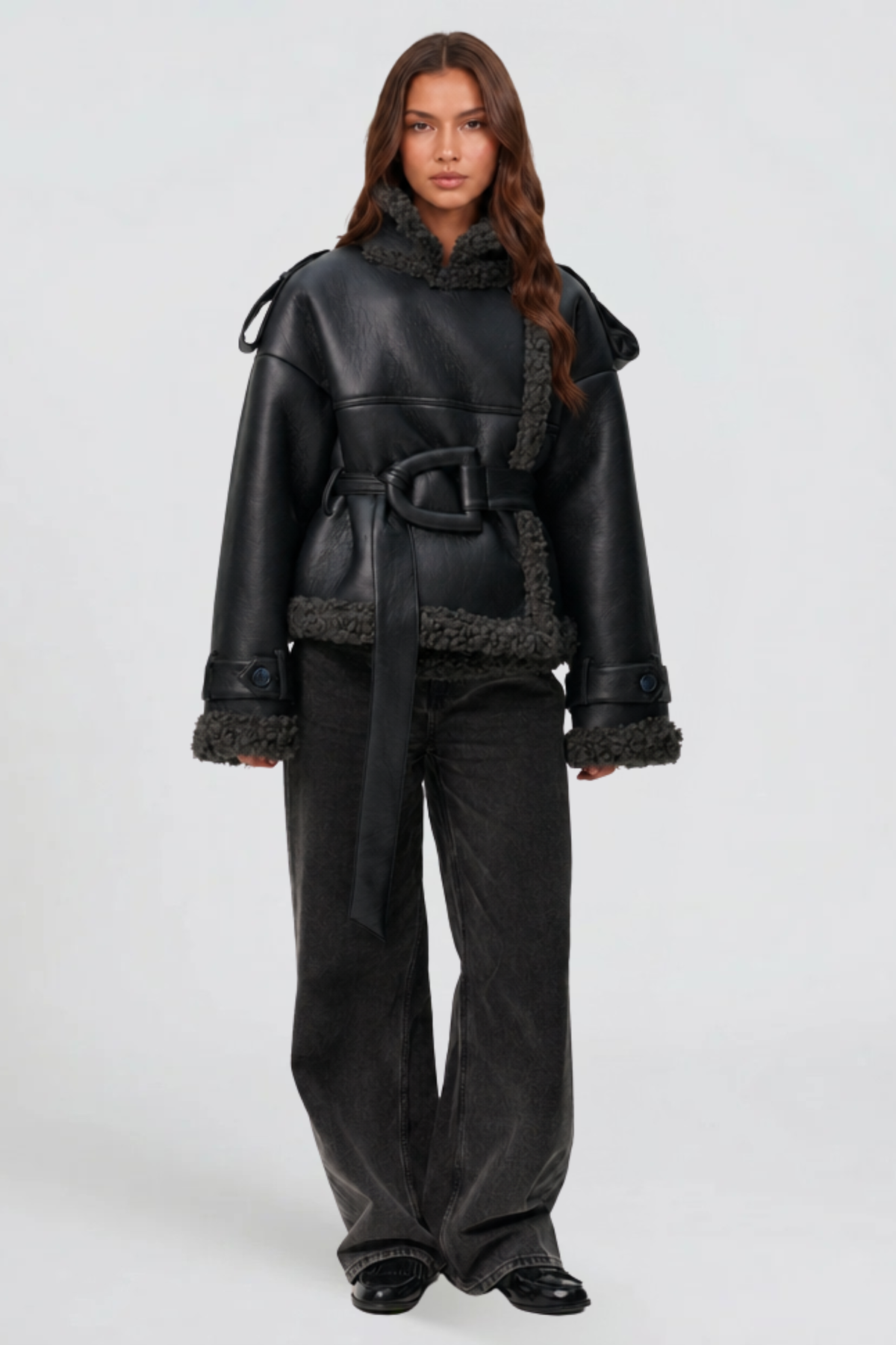 Sylvie | Cropped Leather Shearling Trench Coat