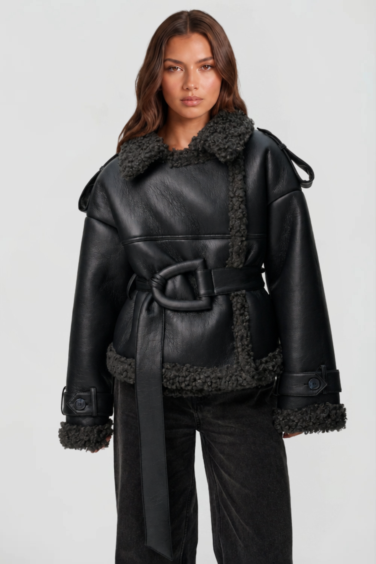 Sylvie | Cropped Leather Shearling Trench Coat