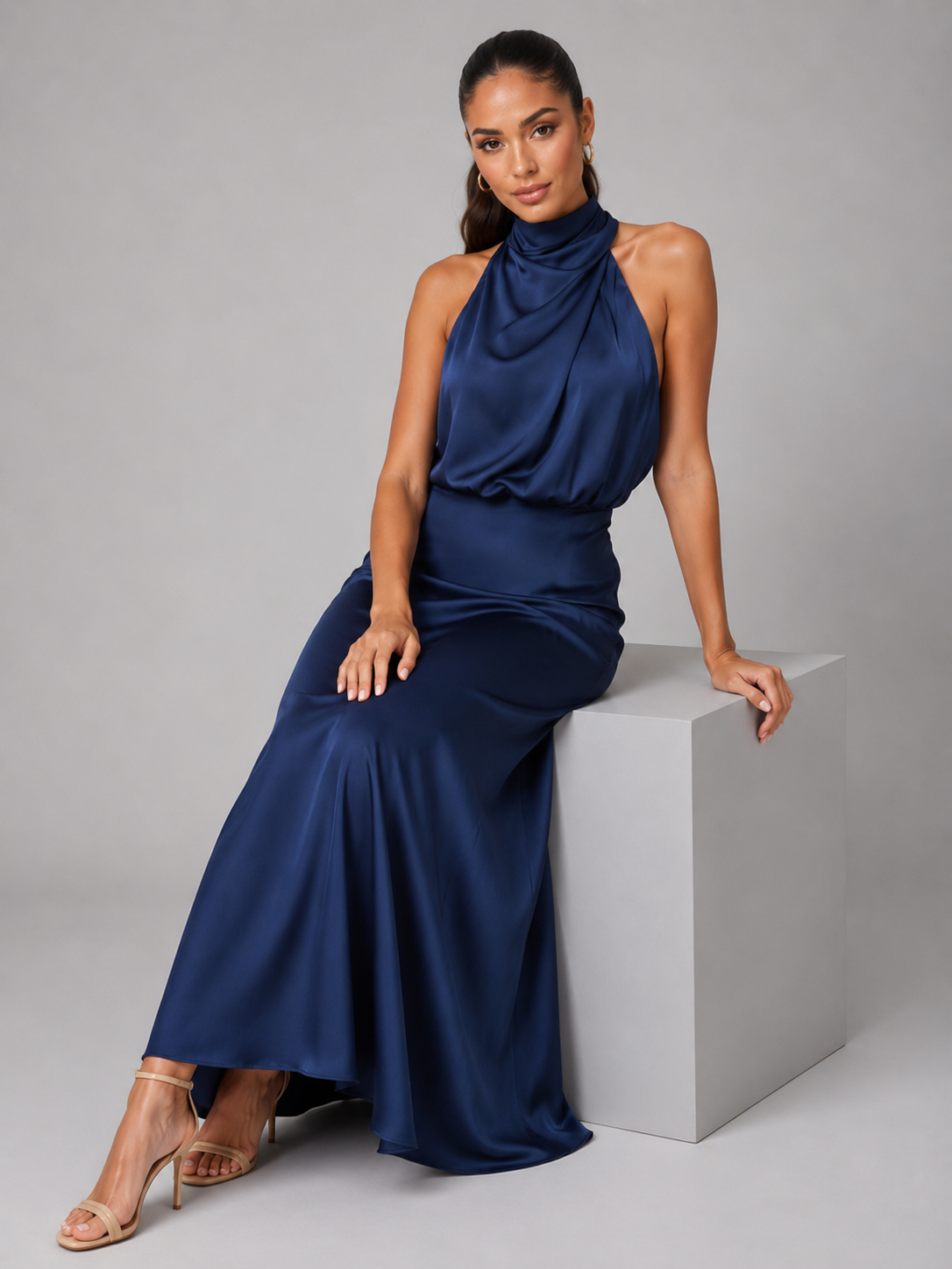 Satin Feel High Neck Midi Dress Wedding Guest