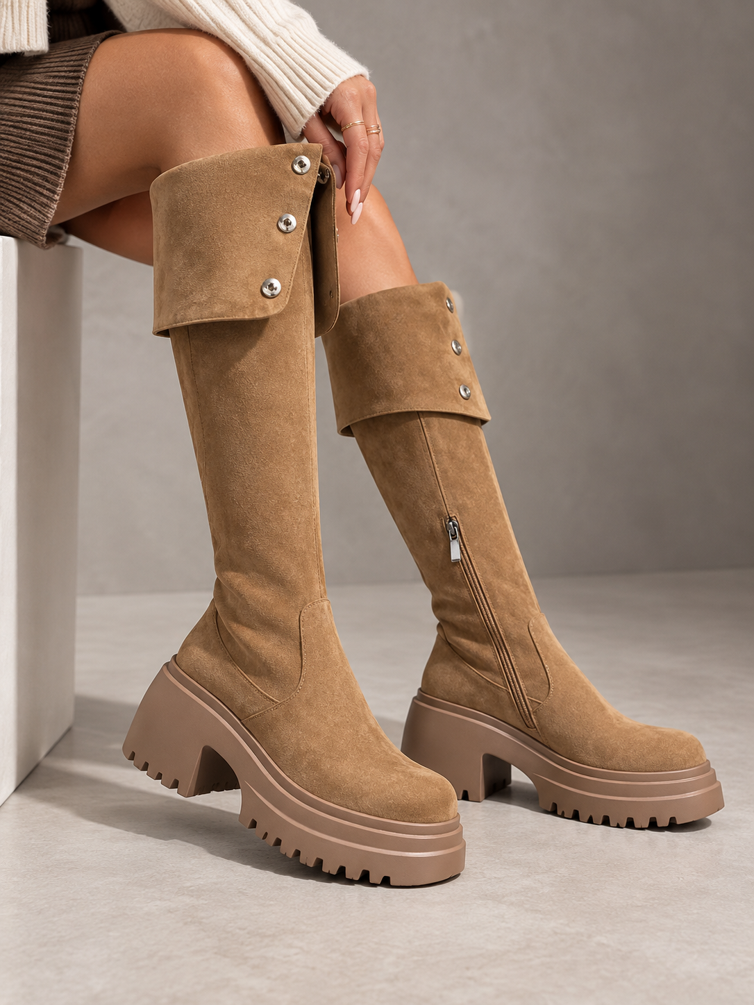 Cleo | Suede Knee High Biker Boots with Block Heel and Side Zip