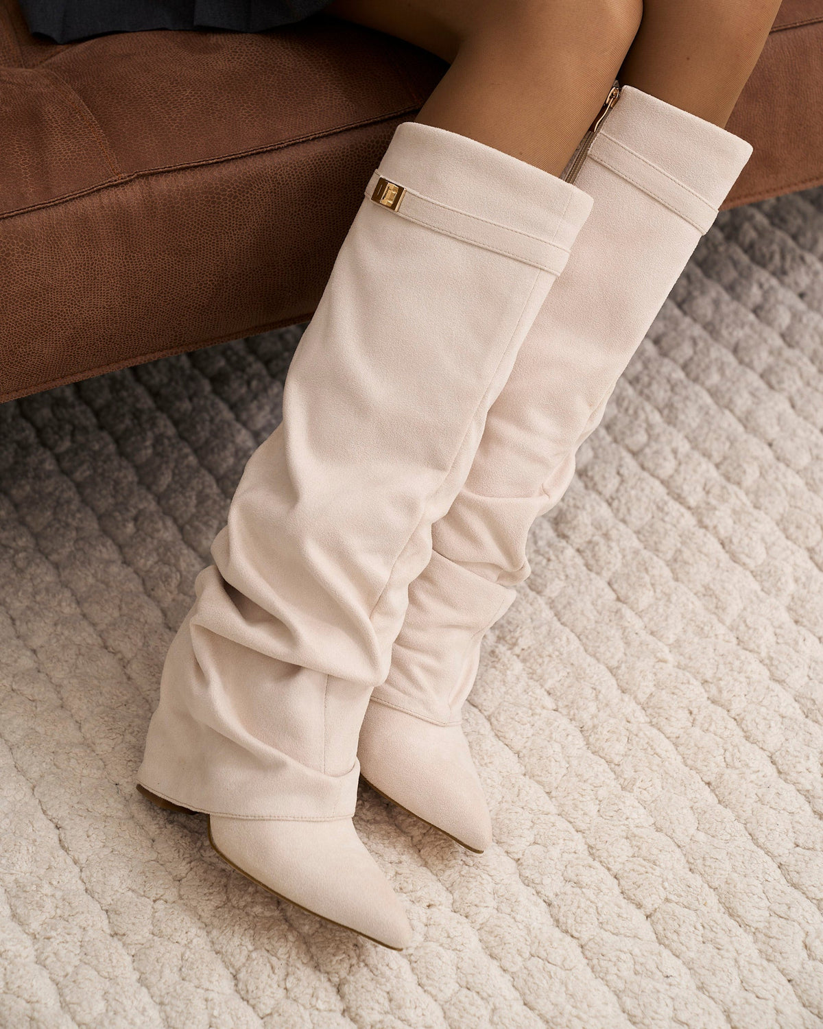 Isabelle | Cream Slouchy Suede Knee High Boots