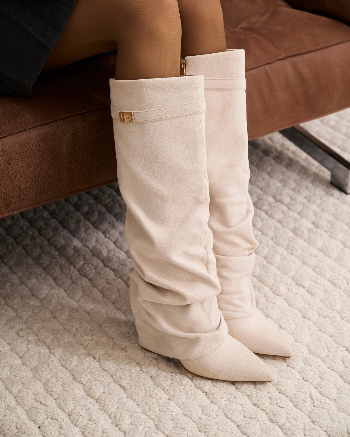 Isabelle | Cream Slouchy Suede Knee High Boots