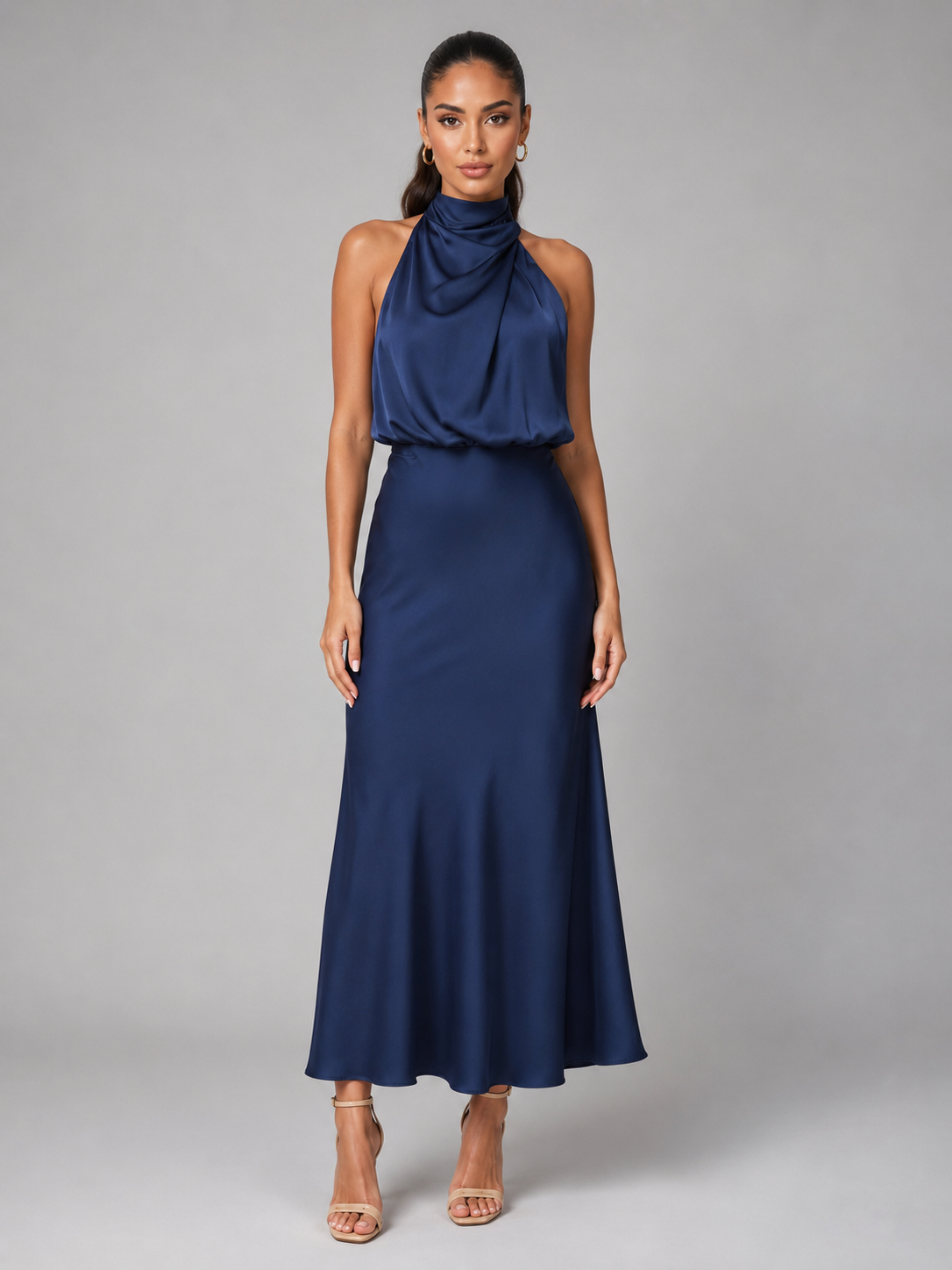 Satin Feel High Neck Midi Dress Wedding Guest