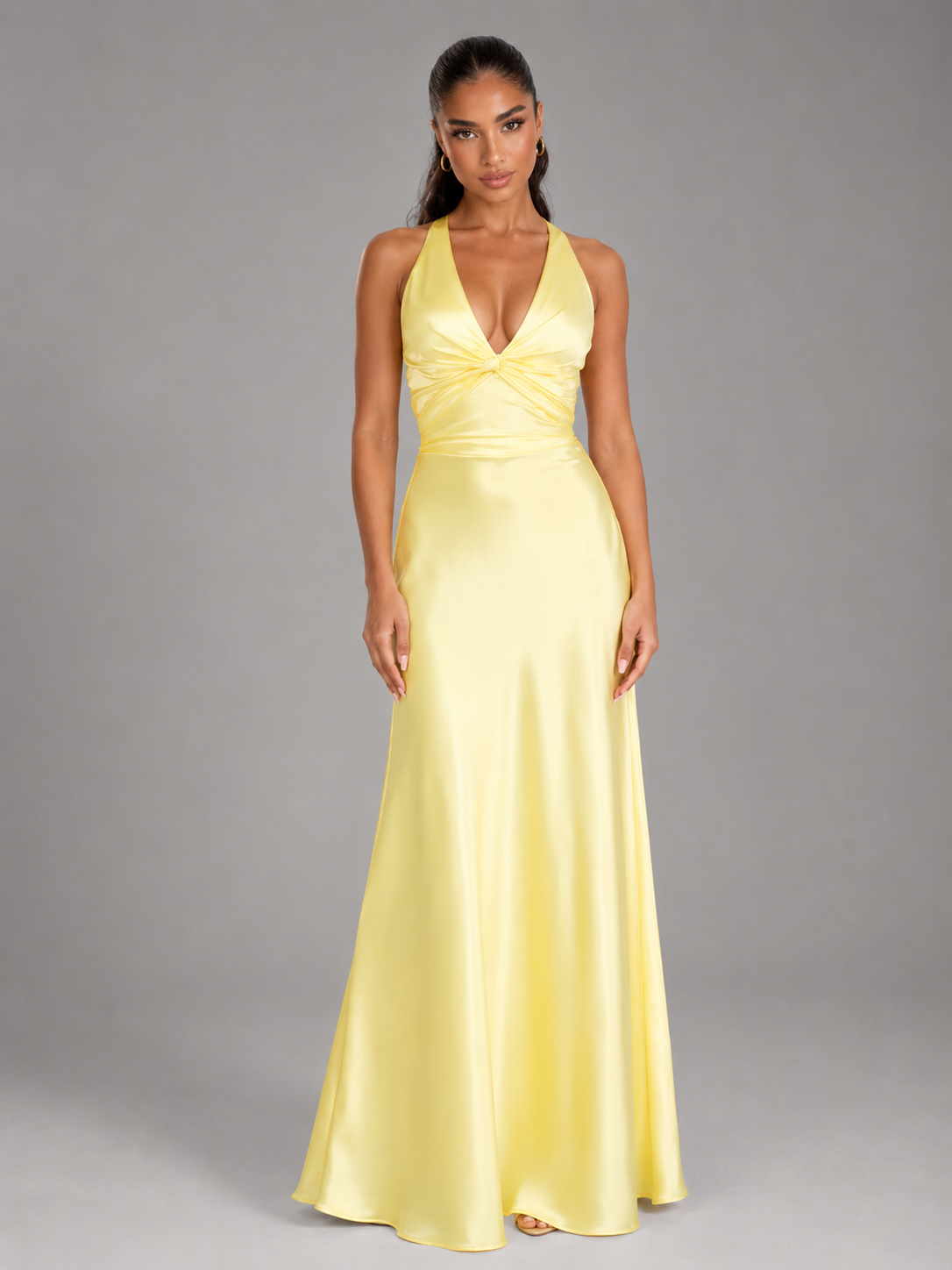 Satin Feel Ruched Halter Maxi Dress Evening Women