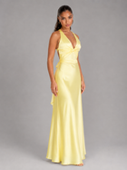 Satin Feel Ruched Halter Maxi Dress Evening Women