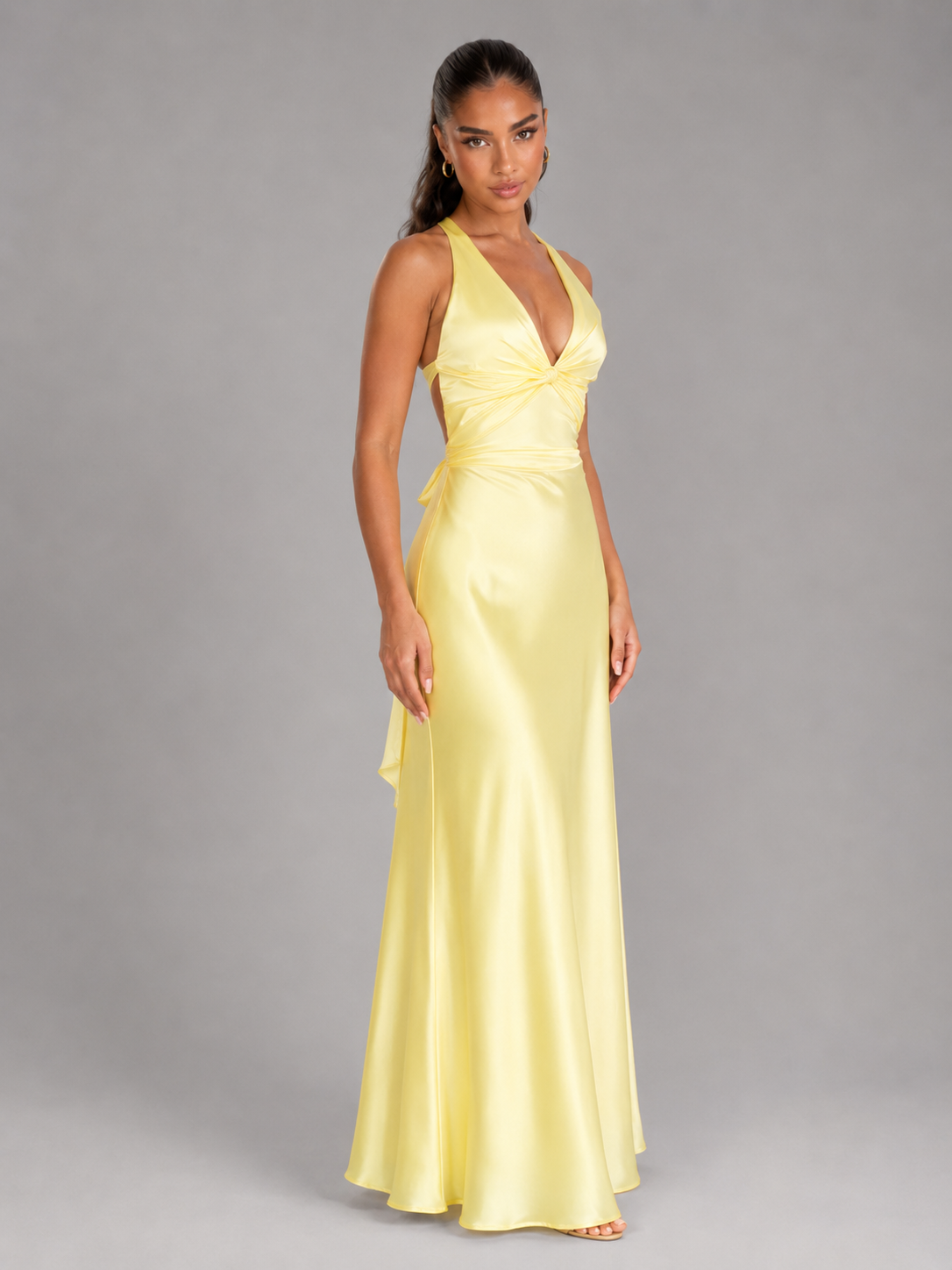 Satin Feel Ruched Halter Maxi Dress Evening Women