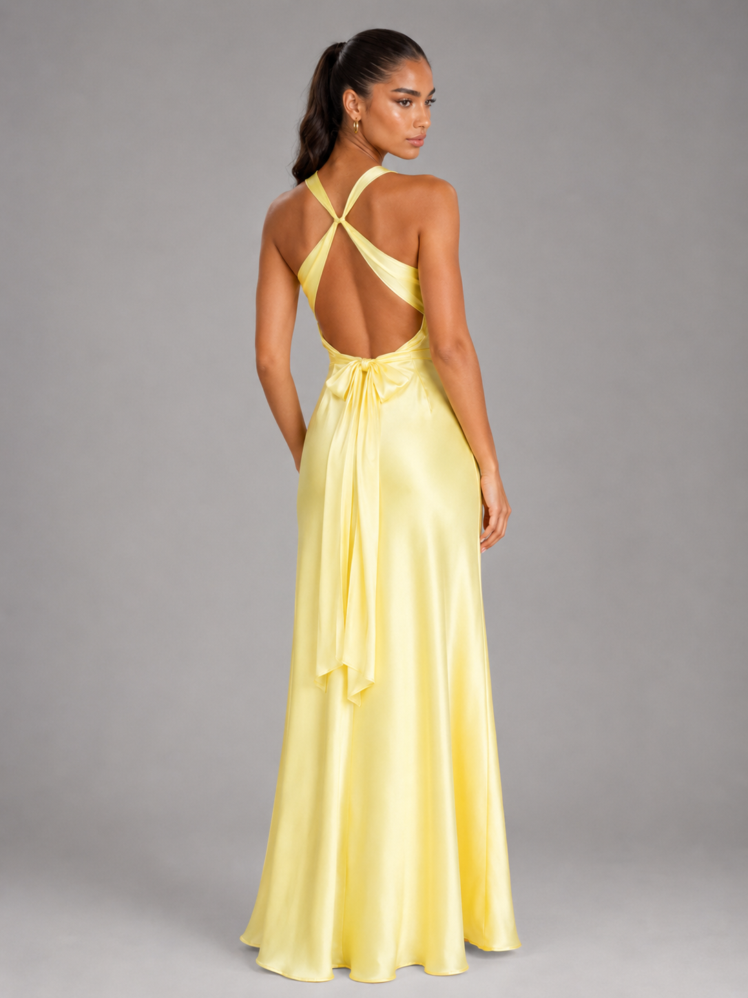 Satin Feel Ruched Halter Maxi Dress Evening Women