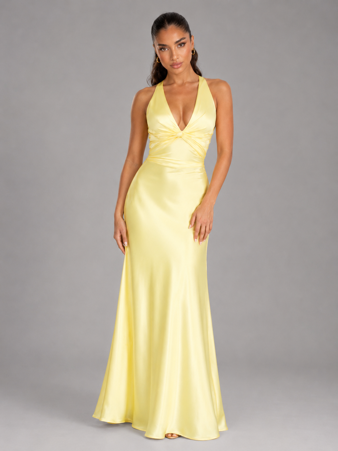 Satin Feel Ruched Halter Maxi Dress Evening Women