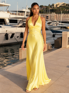 Satin Feel Ruched Halter Maxi Dress Evening Women