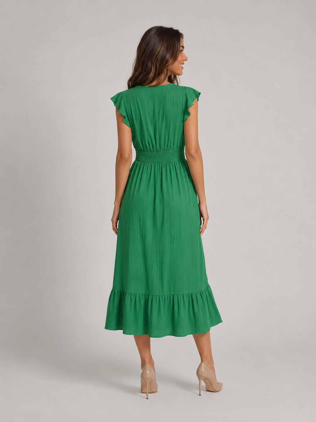 V Neck Shirred Waist Midi Dress Summer Women