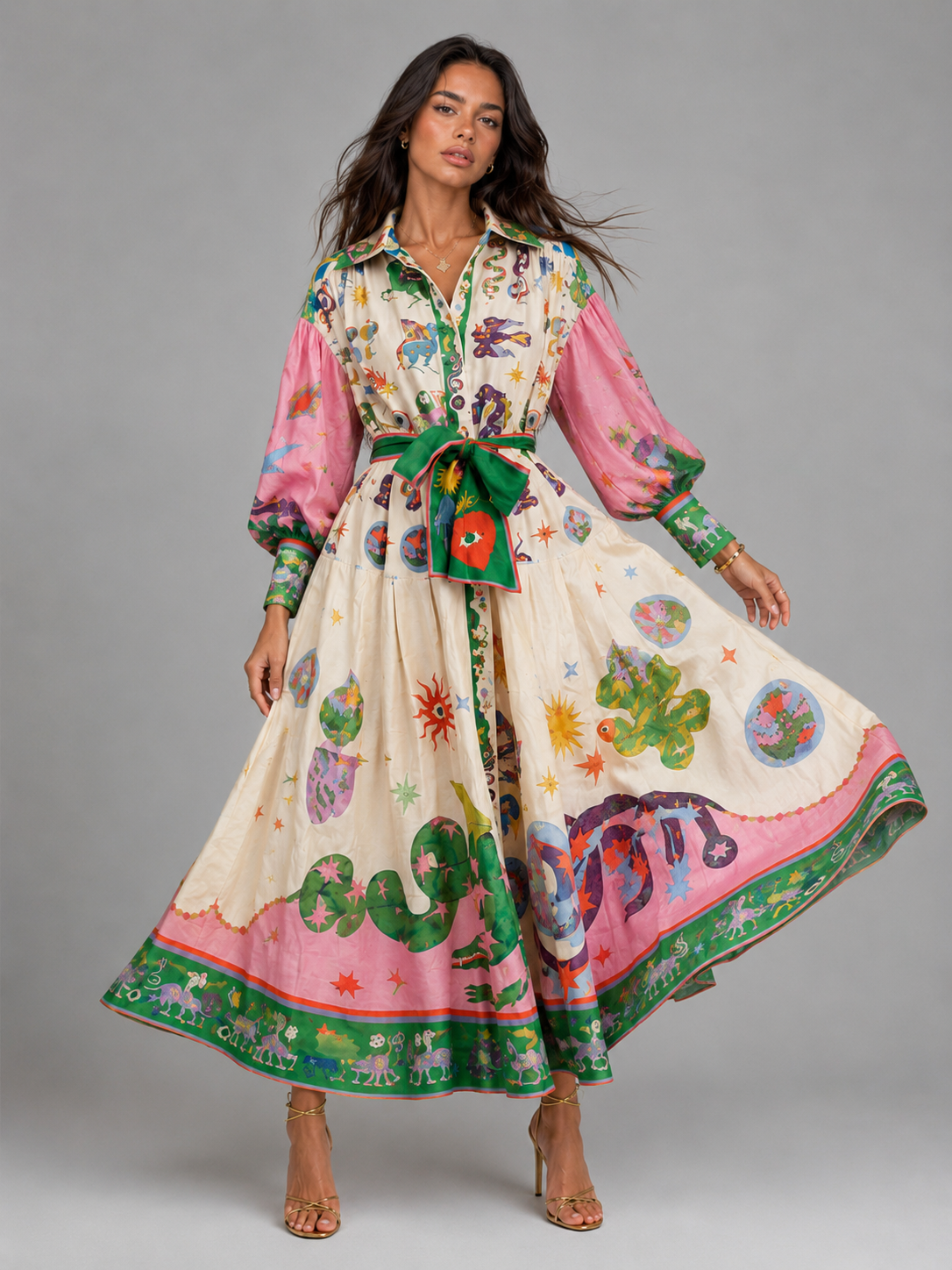 Printed Belted Maxi Shirt Dress Summer Women