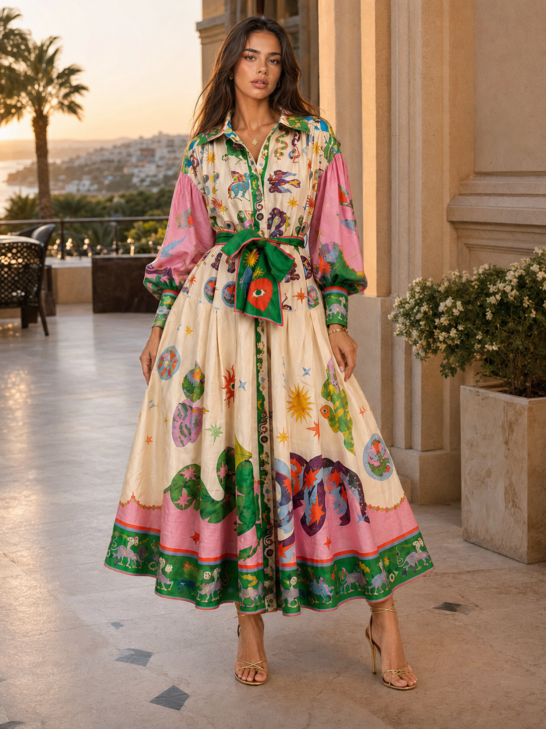 Printed Belted Maxi Shirt Dress Summer Women