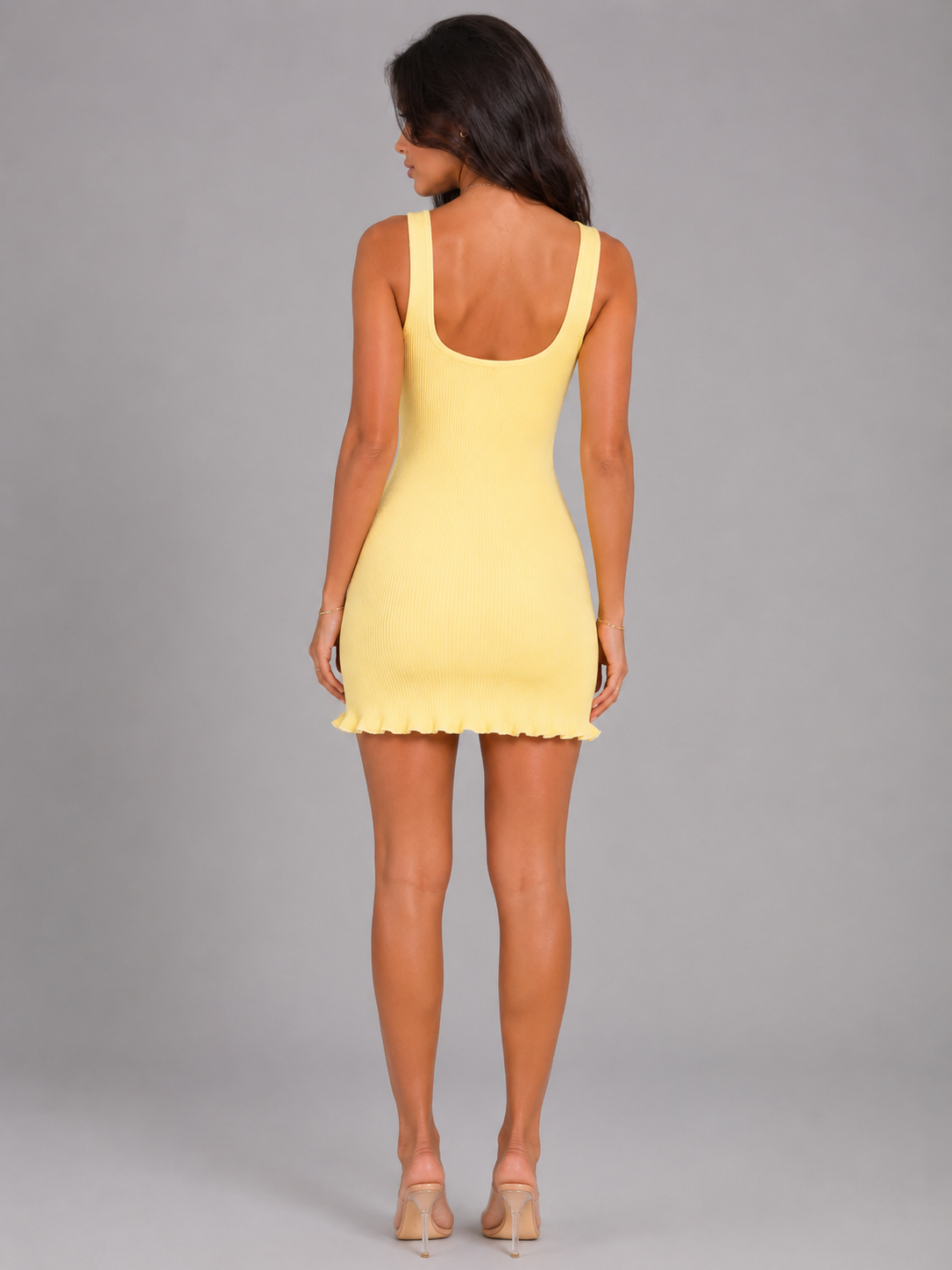 Ribbed Square Neck Frill Hem Mini Dress Cocktail Women