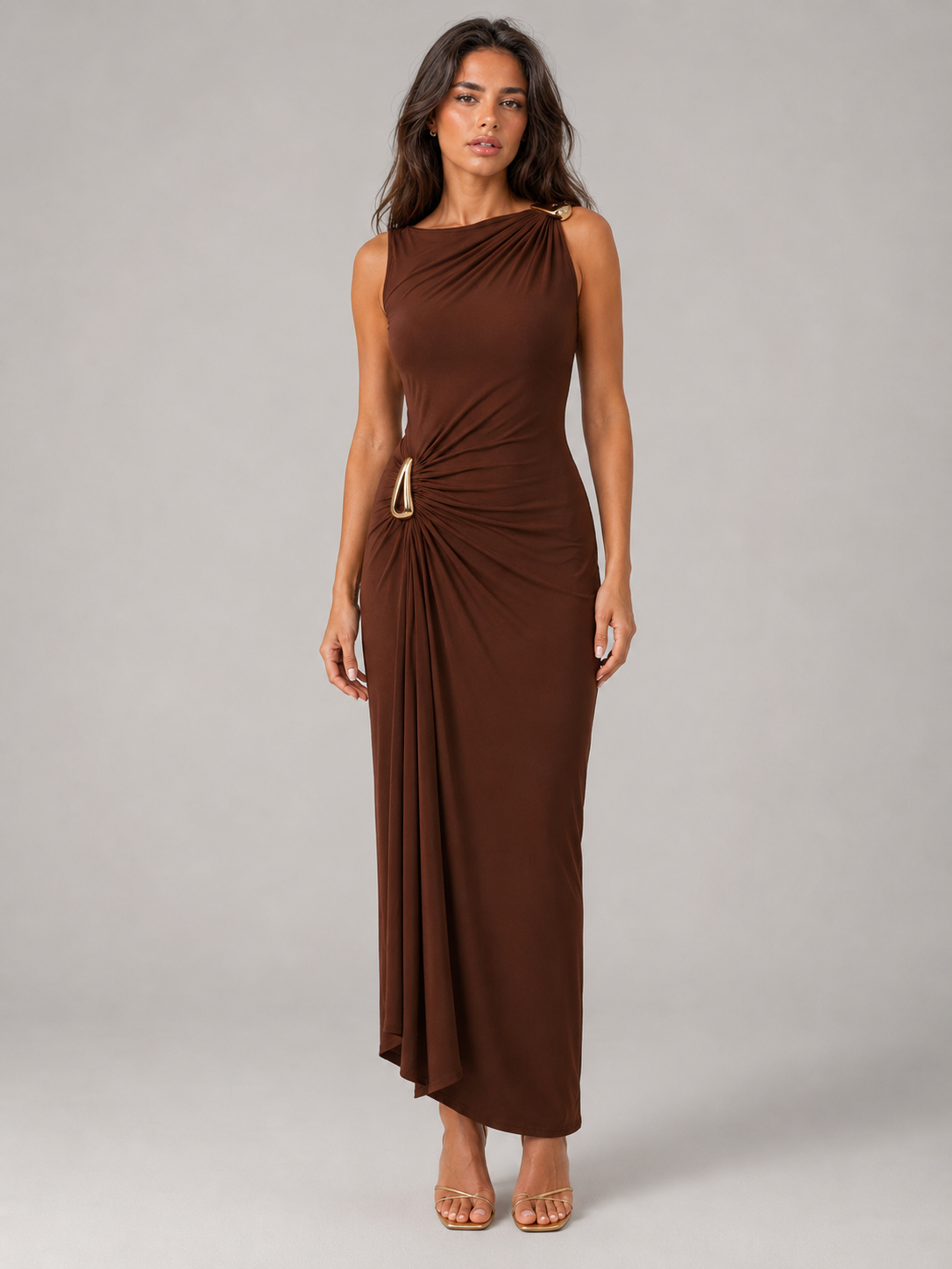 High Neck Ruched Gold Detail Maxi Dress Evening Women