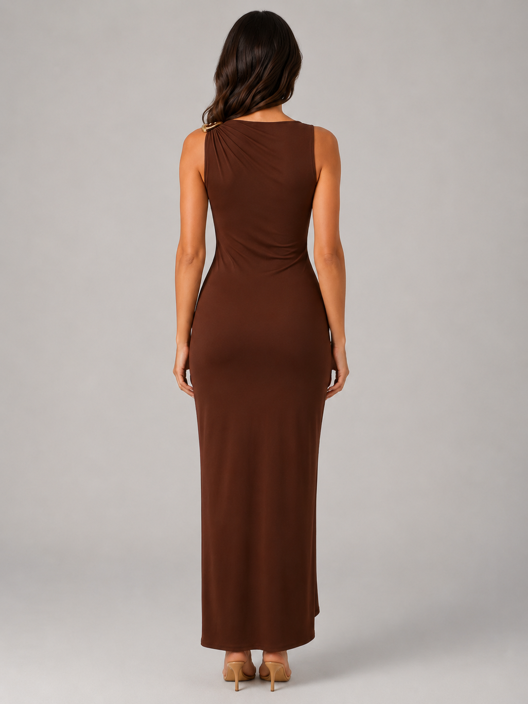 High Neck Ruched Gold Detail Maxi Dress Evening Women