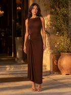 High Neck Ruched Gold Detail Maxi Dress Evening Women