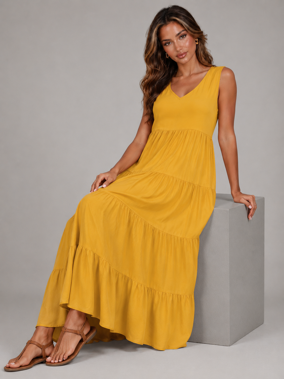 V Neck Tiered Maxi Dress Summer Women