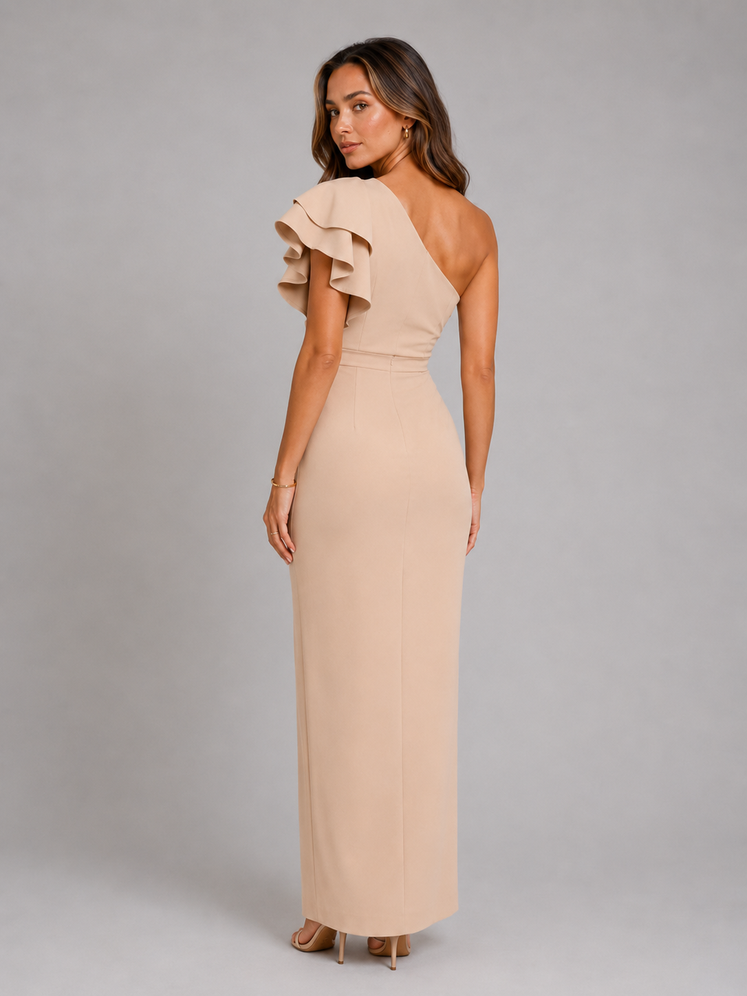 One Shoulder Ruffle Slit Maxi Dress Evening Women
