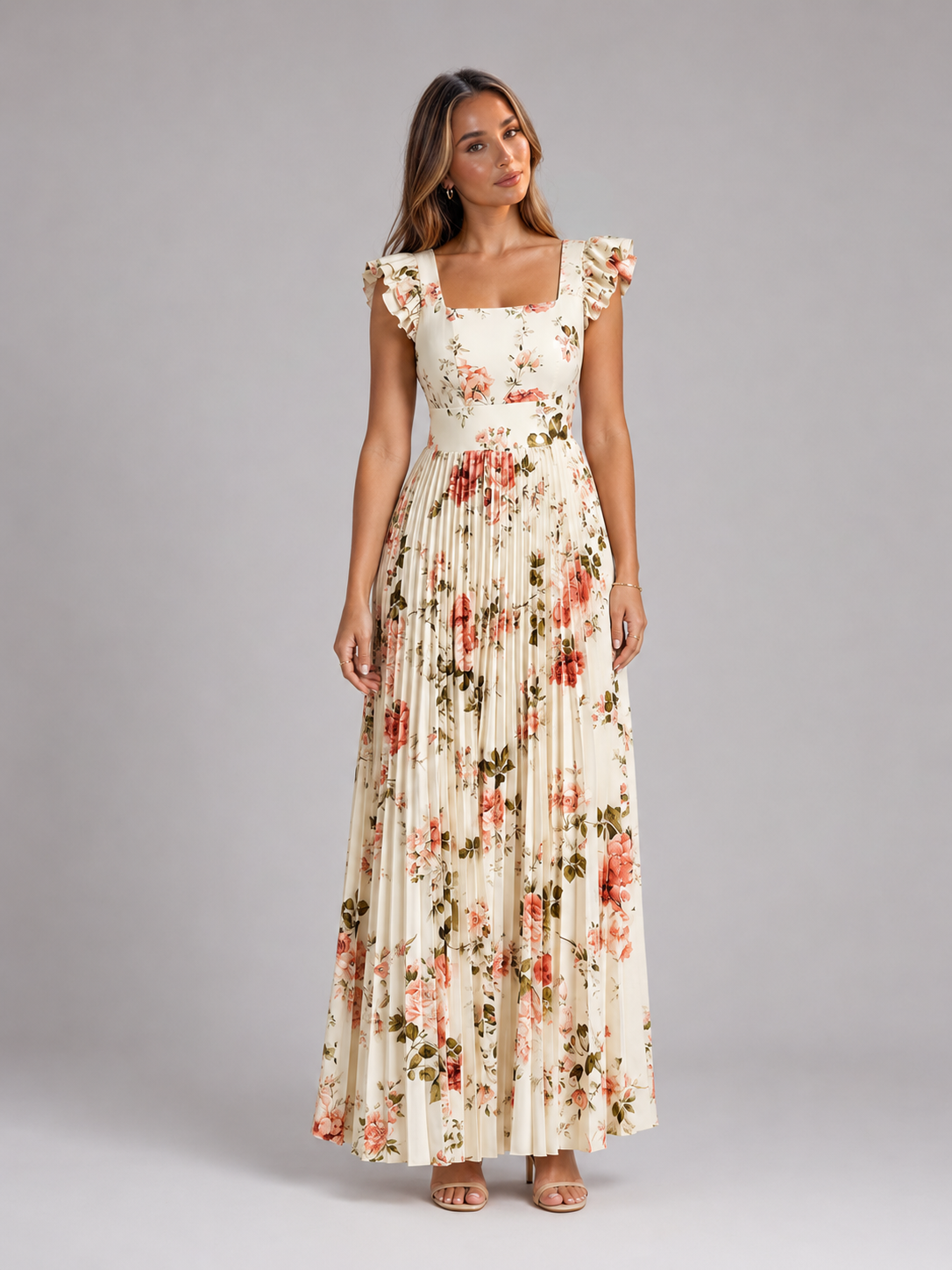 Floral Pleated Ruffle Sleeve Maxi Dress Wedding Guest