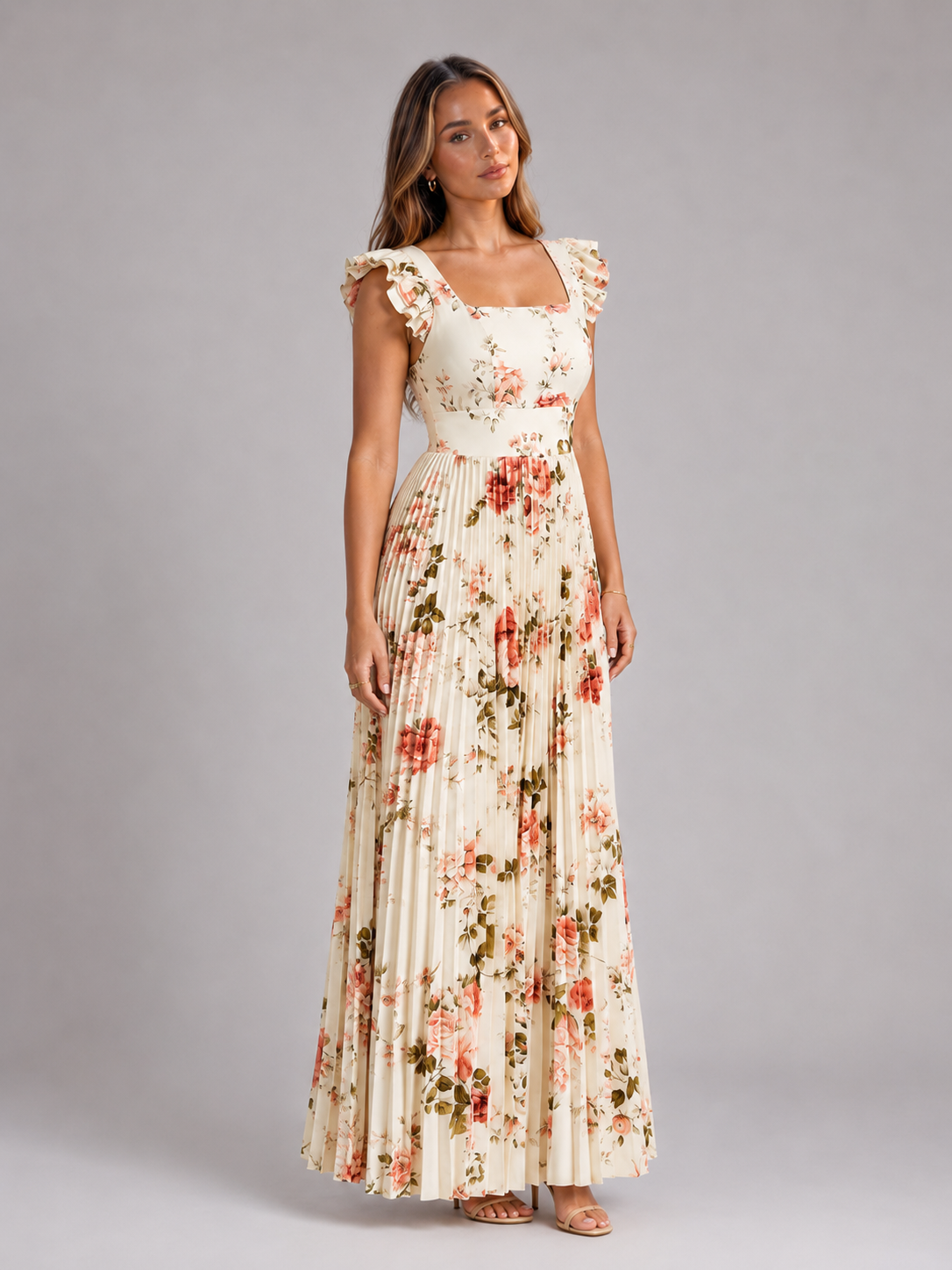 Floral Pleated Ruffle Sleeve Maxi Dress Wedding Guest