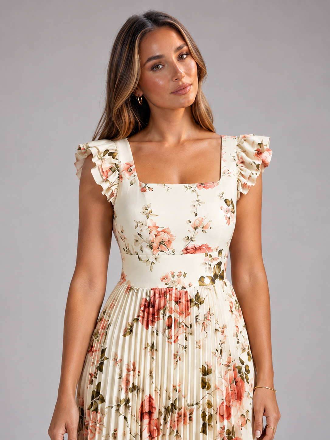 Floral Pleated Ruffle Sleeve Maxi Dress Wedding Guest