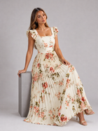 Floral Pleated Ruffle Sleeve Maxi Dress Wedding Guest