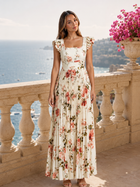 Floral Pleated Ruffle Sleeve Maxi Dress Wedding Guest