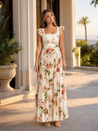 Floral Pleated Ruffle Sleeve Maxi Dress Wedding Guest