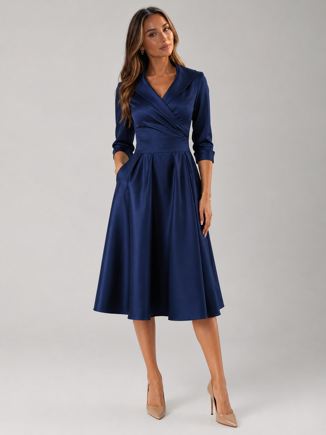 Satin Feel Wrap Midi Dress Wedding Guest