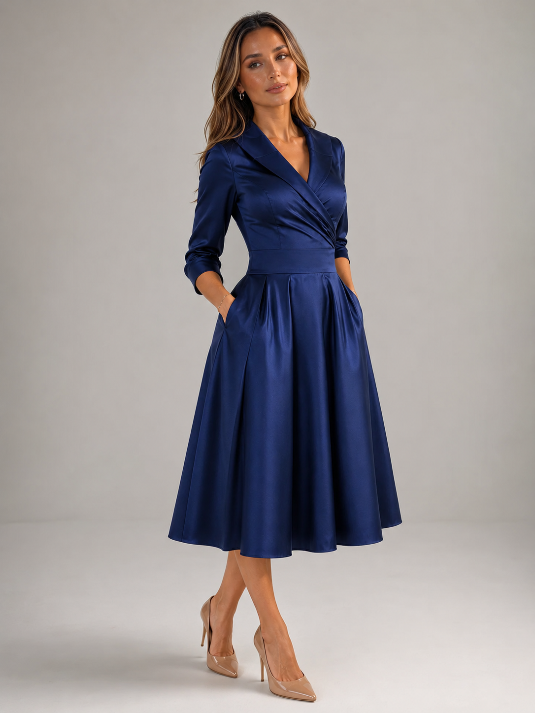 Satin Feel Wrap Midi Dress Wedding Guest