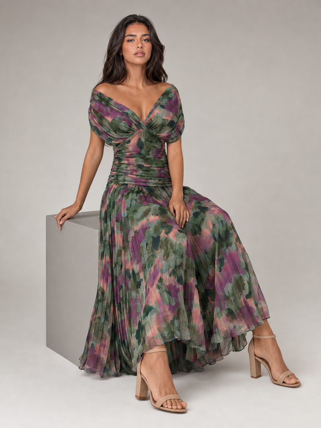 Floral Pleated Maxi Dress Wedding Guest