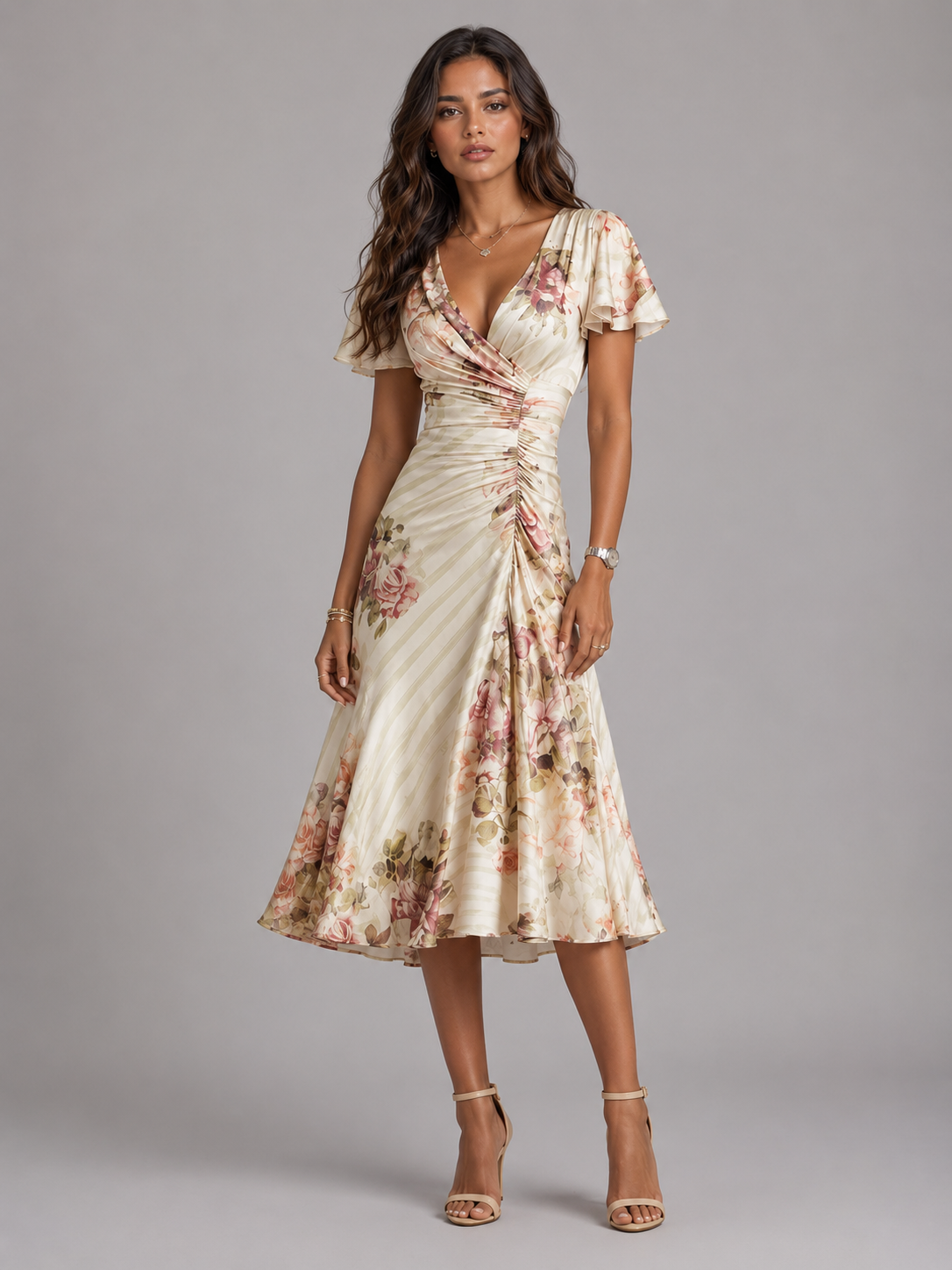 Floral Satin Feel Ruched Midi Dress Cocktail Women