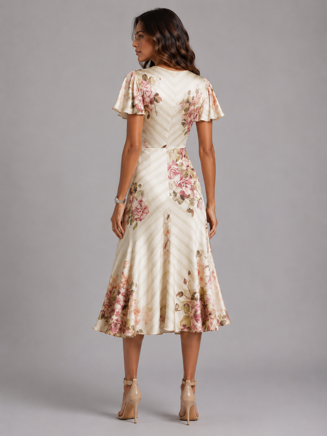 Floral Satin Feel Ruched Midi Dress Cocktail Women