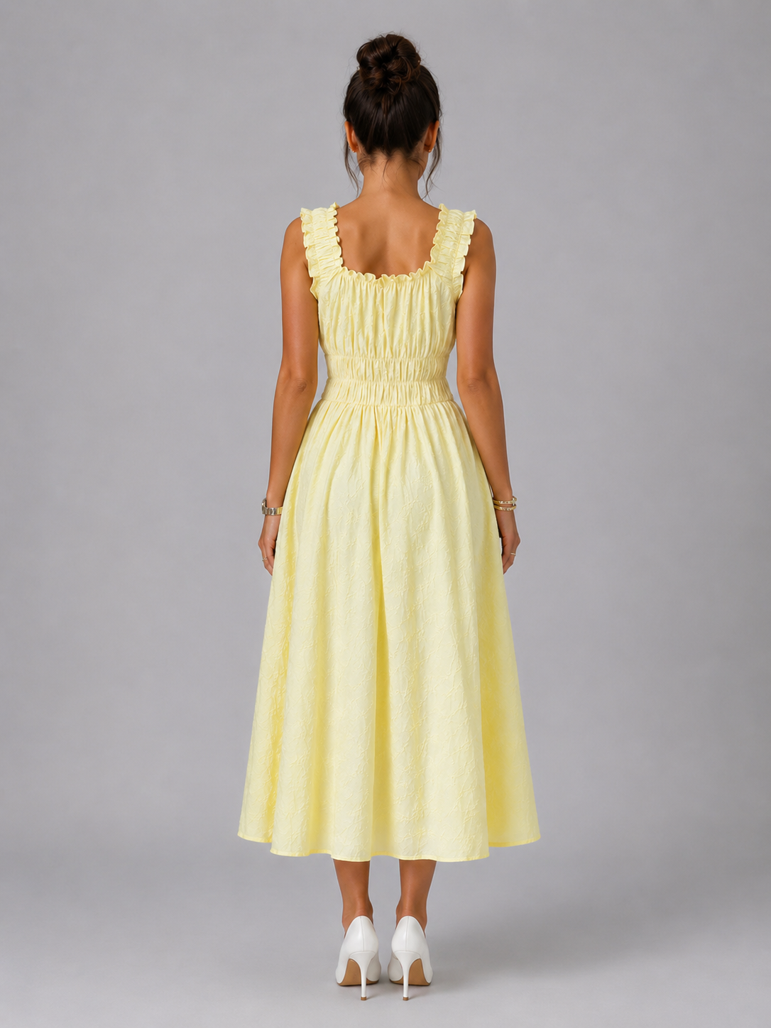 Floral Textured Shirred Waist Midi Dress Summer Women