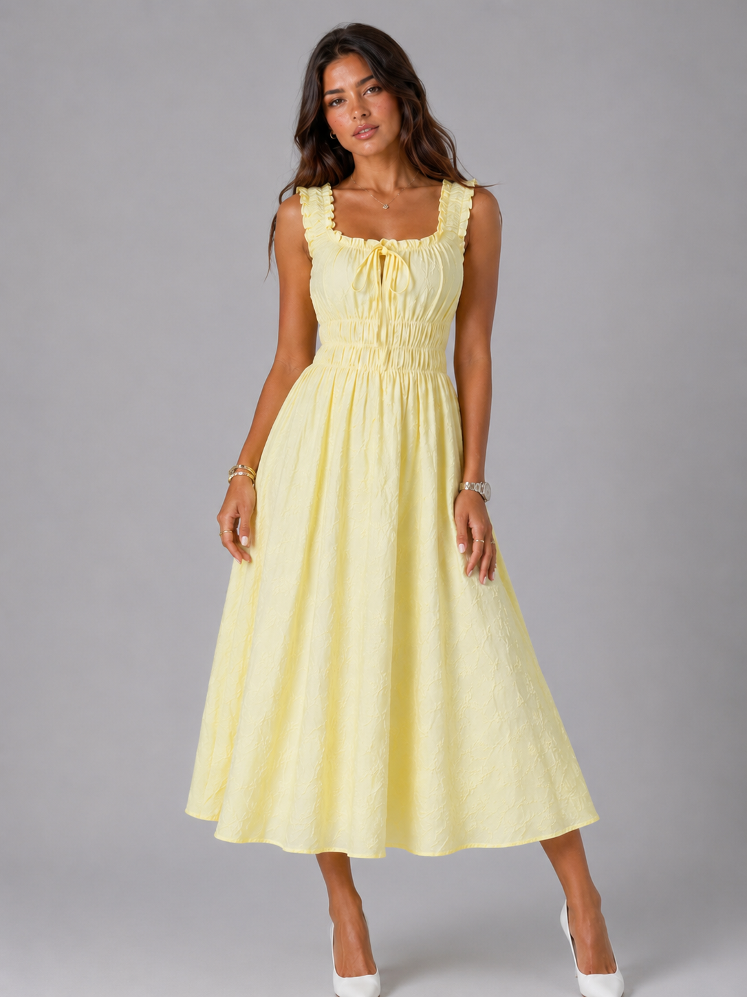 Floral Textured Shirred Waist Midi Dress Summer Women