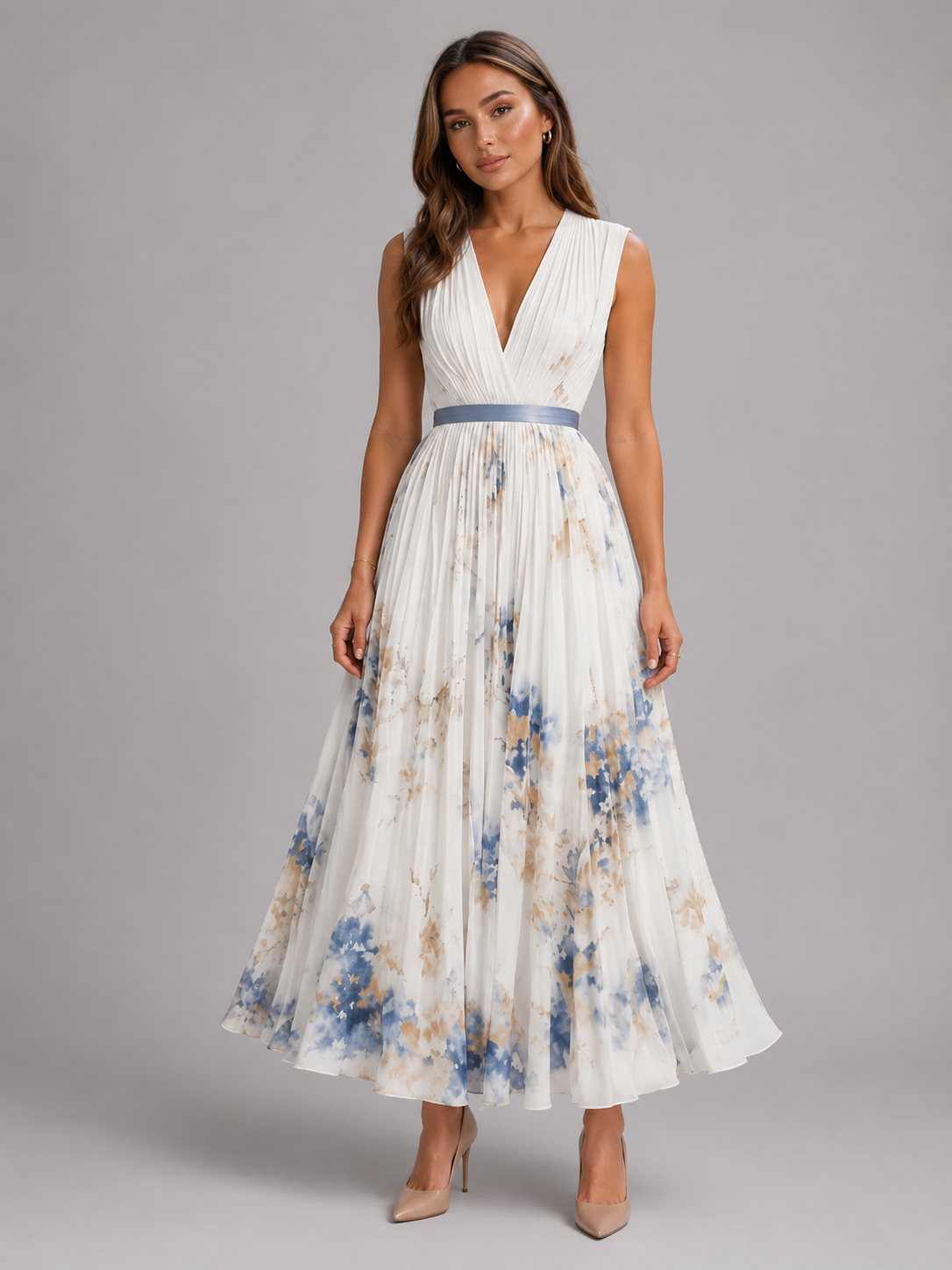 Floral Pleated A Line Maxi Dress Wedding Guest