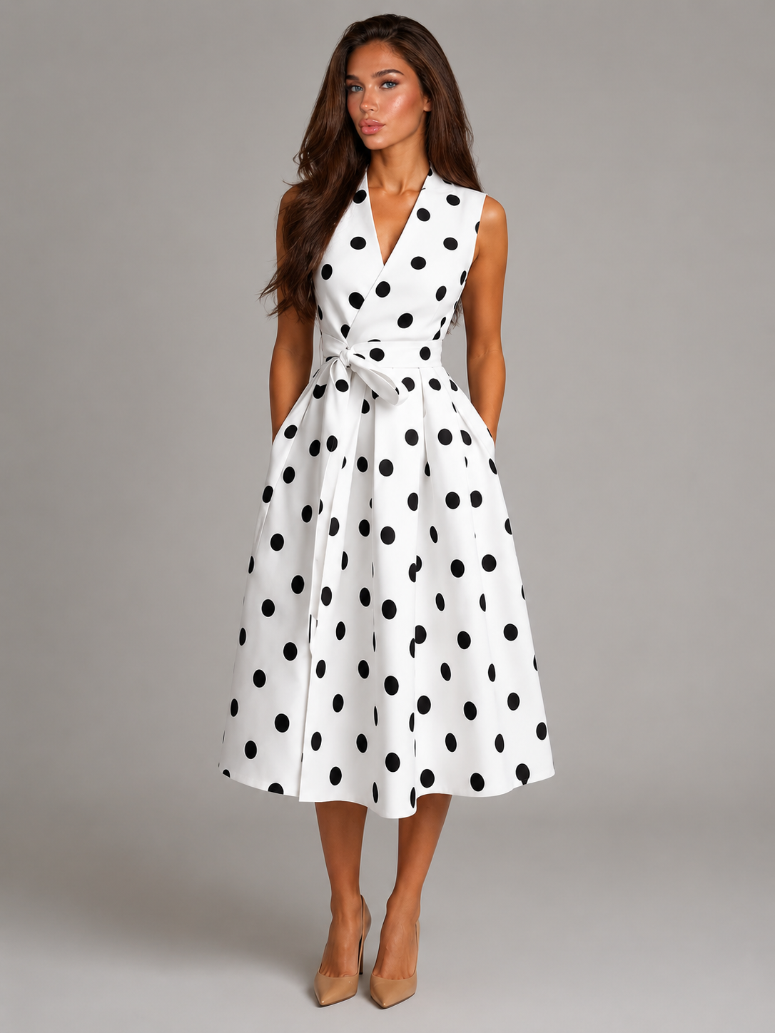 Polka Dot V Neck Midi Dress Summer Women