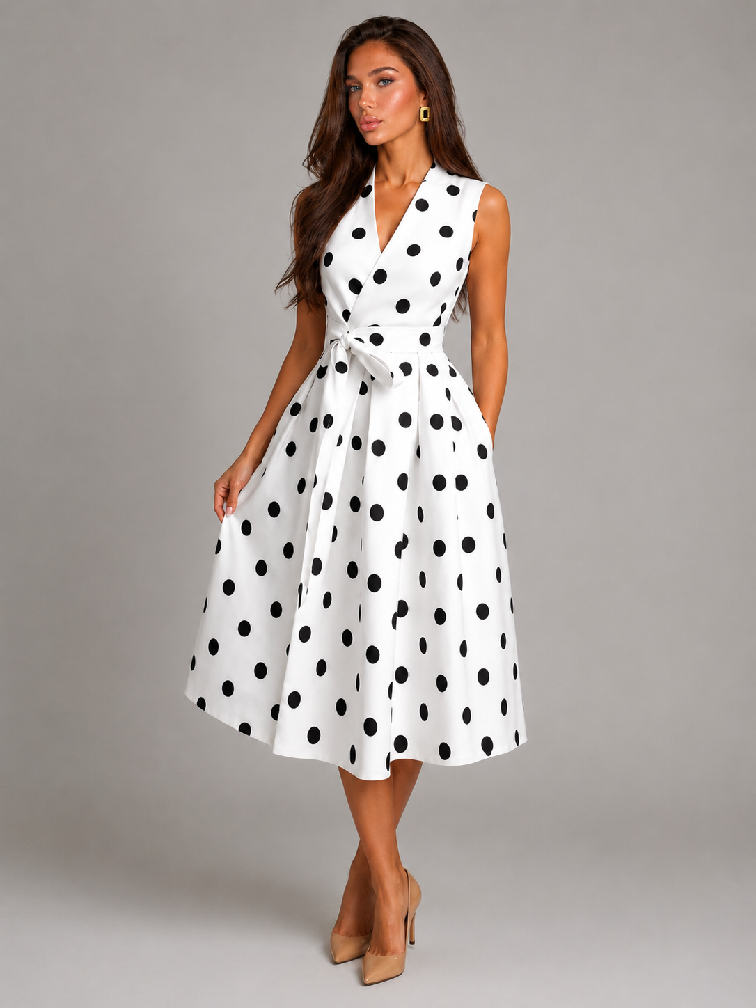 Polka Dot V Neck Midi Dress Summer Women