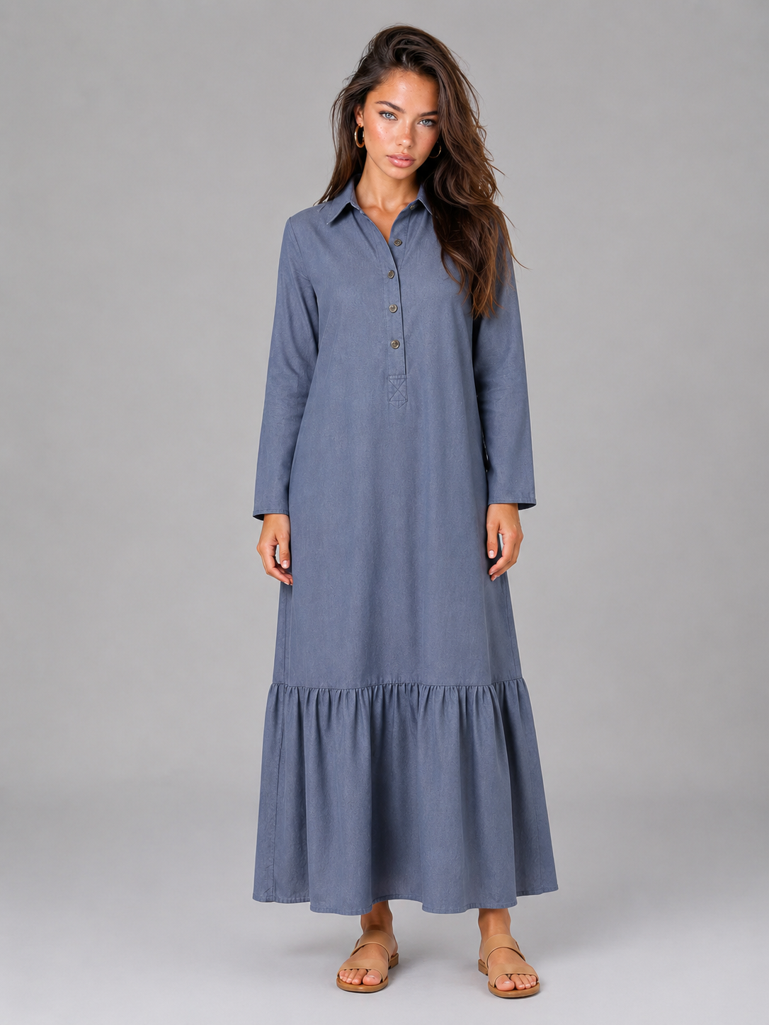 Cotton Blend Tiered Maxi Shirt Dress Summer Women