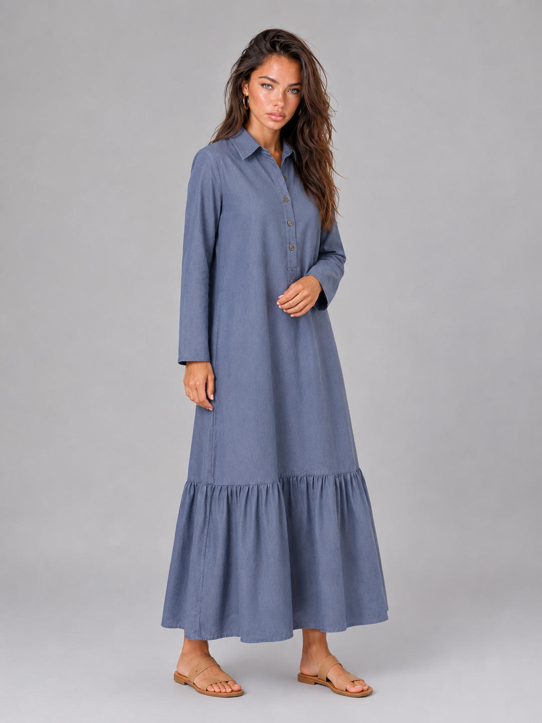 Cotton Blend Tiered Maxi Shirt Dress Summer Women