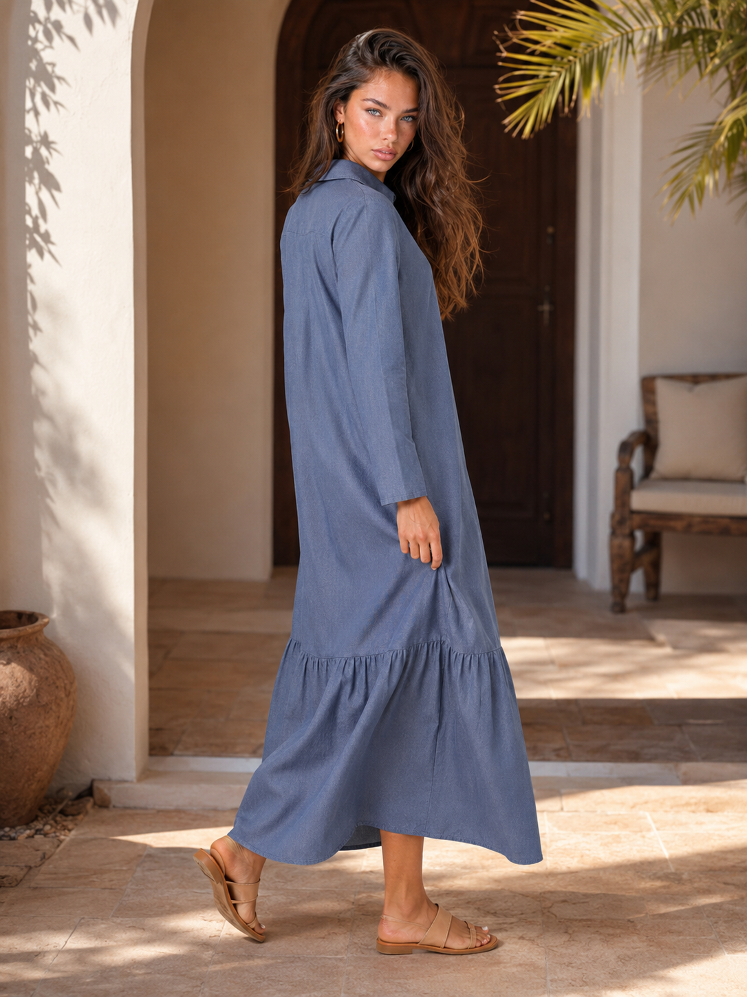 Cotton Blend Tiered Maxi Shirt Dress Summer Women